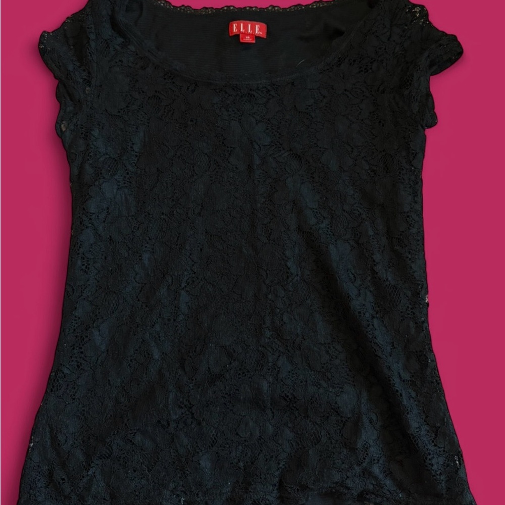 ELLE Black Lace Short Sleeve Scoop Neck Top